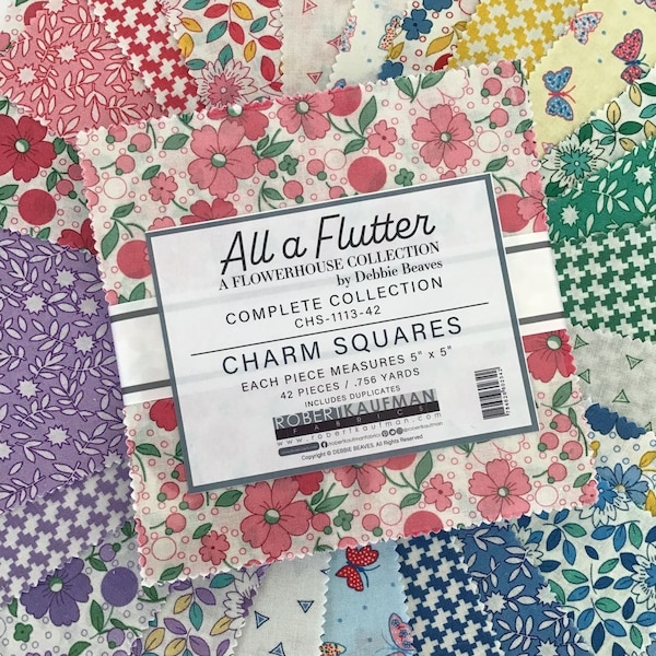 All A Flutter A Flowerhouse Collection Charm Squares by Debbie Beaves for Robert Kaufman, (42) 5" Precut Quilt Squares, 1930's Inspired