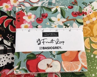 Fruit Loop Charm Pack by BasicGrey for Moda Fabrics, (42) 5" Precut Cotton Squares, (30) Different Prints. Fabric has a retro feel to it.