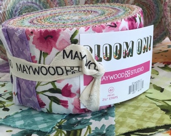 Bloom On Jelly Roll Strips by Maywood Studio, (40) 2/12" Precut Cotton Strips in a Vibrant Floral Collection, Total of 19 Different Prints