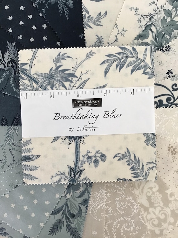 Breathtaking Blues Charm Pack by 3 Sisters for Moda Fabrics, (42) 5" Precut Cotton Quilt Squares, (30) Different Prints