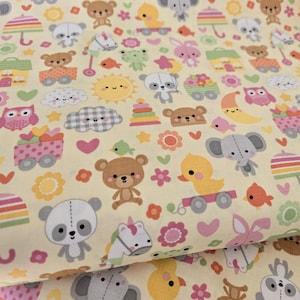 May include: A yellow fabric with a repeating pattern of cute cartoon animals, including bears, pandas, owls, and a unicorn. The fabric also features hearts, stars, flowers, and other whimsical designs.