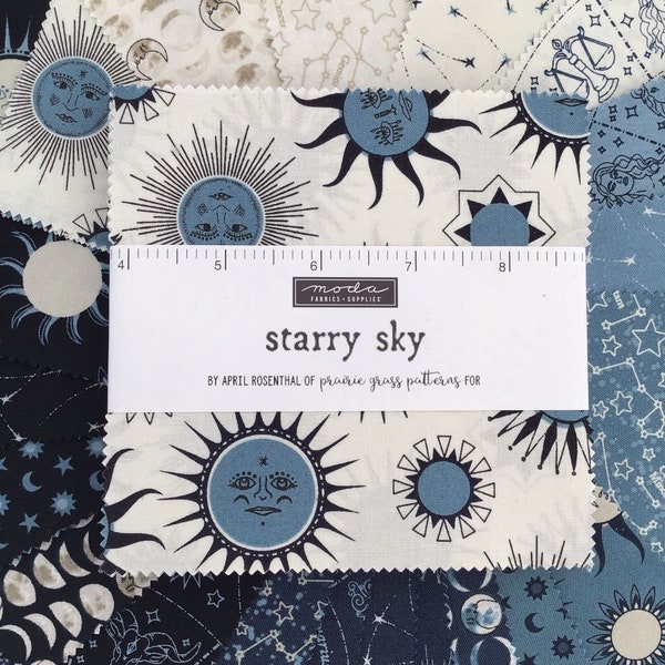 Starry Sky Charm Pack by April Rosenthal of Prairie Grass Patterns for Moda Fabrics, (42) 5" Precut Cotton Quilt Squares in Shades of Blues