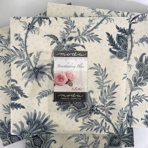 May include: A stack of square fabric pieces featuring a dark blue floral and paisley pattern on a cream background. A paper label on top reads moda Breathtaking Blues 3 Sisters moda FABRICS + SUPPLIES with a ruler showing 5 inches.