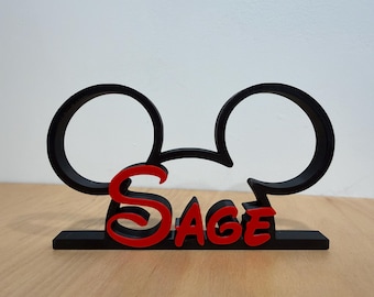 Letrero personalizado con el nombre de Mickey: decoración impresa en 3D con orejas de ratón, letrero personalizado para mesa de cumpleaños de Mickey, decoración para fiestas inspirada en Disney.