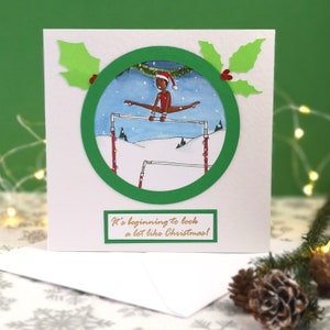 READY TO SHIP handgemachte Gymnastik Schnee Kugel Mädchen Weihnachtskarte & Umschlag | Damen Künstlerische Turnerinnen Bars | Caity-Lou