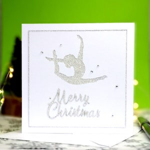 Handgemachte Silber Glitter Gymnast Weihnachtskarte | Sprung Silhouette | Kunstturnen für Frauen