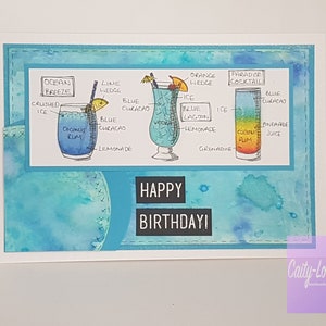 Handgemachte Blaue Schrullige Geburtstagskarte Cocktail Thema, Original Kunstwerk, personalisierte Karte für Erwachsene, UK made, verschiedene Farben verfügbar