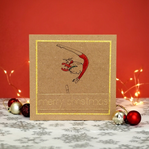 Handmade Kraft Girls Gymnastics Christmas Card | Uneven Asymmetric Bars | Women's Artistic Gymnast | Original Artwork