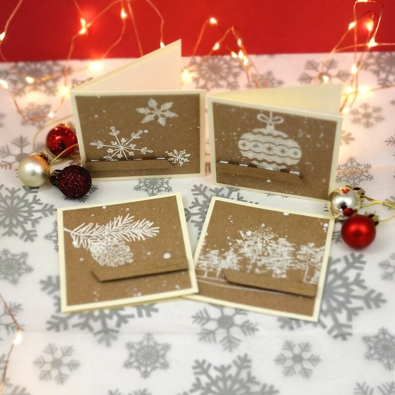 12 Handmade Kraft Mini Christmas Cards & Envelopes 4 Designs Etsy