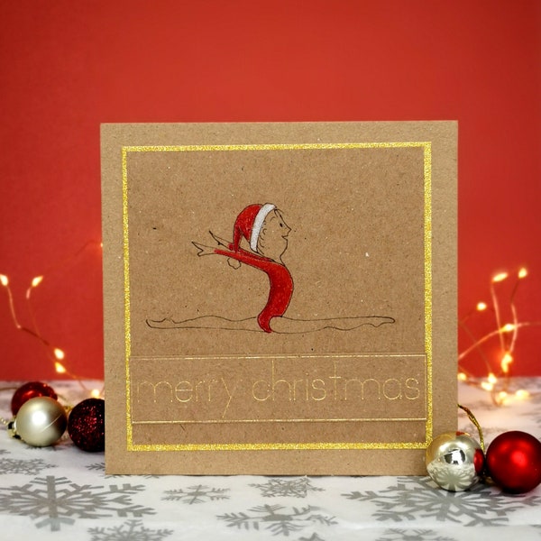 Handmade Kraft Girls Gymnastics Christmas Card | Splits Dance | Women's Artistic Gymnast, Dance | Original Artwork