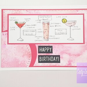 Carte d’anniversaire adulte rose faite à la main, œuvre d’art originale pour les amateurs de cocktails. Personnalisé avec l’âge, aquarelle Gin Lover Cadeau. 18 21 30 40