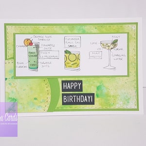 Carte d’anniversaire d’amateur de cocktail vert lime faite à la main pour adulte. Œuvre d’art originale, Made In UK, Personnaliser avec l’âge 18th 21st 30th 40th 50th gift