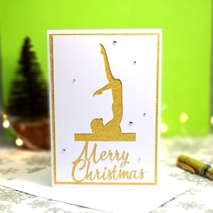 Handgemachte Gold Glitter A6 Weihnachtskarte Turnerin | Träger Silhouette | Kunstturnen für Frauen