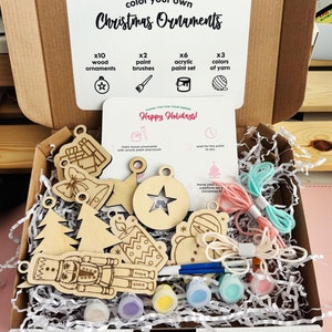 DIY Christmas Ornament Kit - Paint Your Own Wooden Ornaments with Yarn & Paints - Fun Holiday Craft Activity