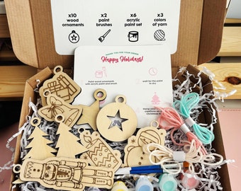 DIY-Weihnachtsschmuck-Kit - Malen Sie Ihre eigenen Holzornamente mit Garn und Farben - Lustige Feiertags-Handwerksaktivität