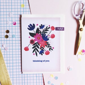 Carte de voeux Thinking of you, cadeau illustré attentionné pour un ami, papeterie attentionnée, oeuvre d'art originale