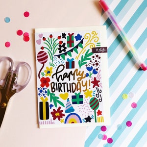 Feliz aniversario cartão comemorativo | Cartão ilustrado | Cartão de aniversário | Cartão de feliz aniversario | aniversário cartão comemorativo | Estacionário