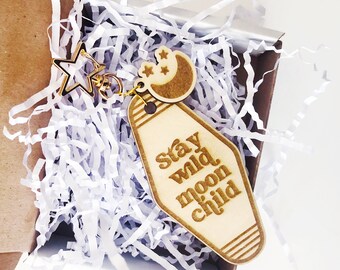 Stay Wild Moon Child Wood keychain | inspirational gift | Moon child keyring | engraved wood keychain | Stay Wild keyring