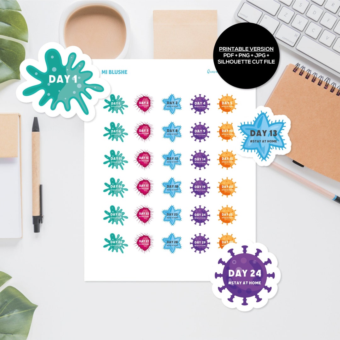 Counting Days Sticker Printable Digital Planner Sticker Stay at Home Counting Days Day 1- 30 ...