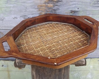 Vintage wooden wicker tray, Coffee Table, Rustic tray, Serving tray, Decorative tray, Vintage tray, Serving platter, Kitchen tray.