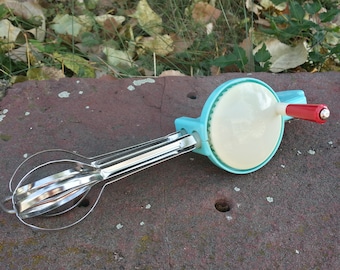 Vintage hand mixer, Egg beater, Metal hand beater, Egg scrambler, Rotary mixer, Blue mixer, Retro kitchen, Old mixer, Whisk, Kitchen tools.