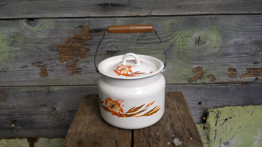 Vintage Enamel Milk Pot, White Milk Pot, Enamelware Milk Pot, Enamel