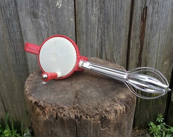 Vintage hand mixer, Egg beater, Metal hand beater, Egg scrambler, Rotary mixer, Red mixer, Retro kitchen, Old mixer, Whisk, Kitchen tools.