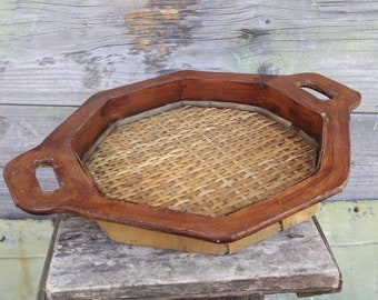 Vintage wooden wicker tray, Coffee Table, Rustic wooden tray, Serving tray, Decorative tray, Vintage tray, Serving platter, Kitchen tray.