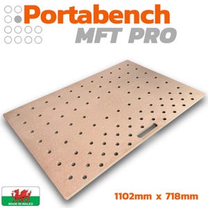 May include: A brown, rectangular, perforated work surface with a handle. The surface is labelled "PortaBench MFT PRO" and measures 1102mm x 718mm.