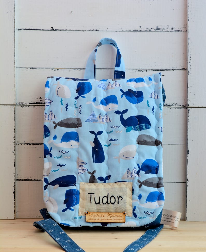 custom made bag whale backpack hand personalized toddler backpack Kids backpack cotton backpack preschool backpack quilted unique
