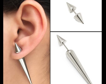 Fake Gauge Spike earring. Screw Back, Silver Stainless steel Long Spike.