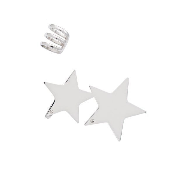 Harley Two Stars earring & Tri-band cartilage cuff set. Silver celestial earring