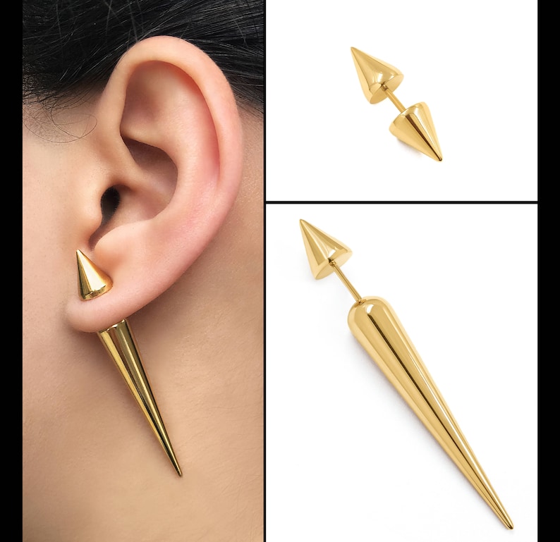 Harley Long Spike earring. Fake Gauge GOLD Spike earring.. Screw Back. Stainless steel gold plated image 1