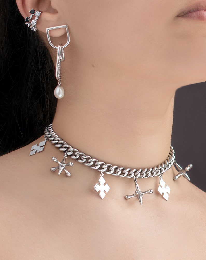 Harley Jacks and diamonds choker necklace. Stainless Steel. Silver chunky chain necklace image 3