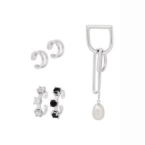 Harley D-ring Pearl Earring & Ear Cuffs Sets. Cubic Zirconia cartilage ear cuff. Silver Right Ear Earrings Set