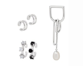 Harley D-ring Pearl Earring & Ear Cuffs Sets. Cubic Zirconia 