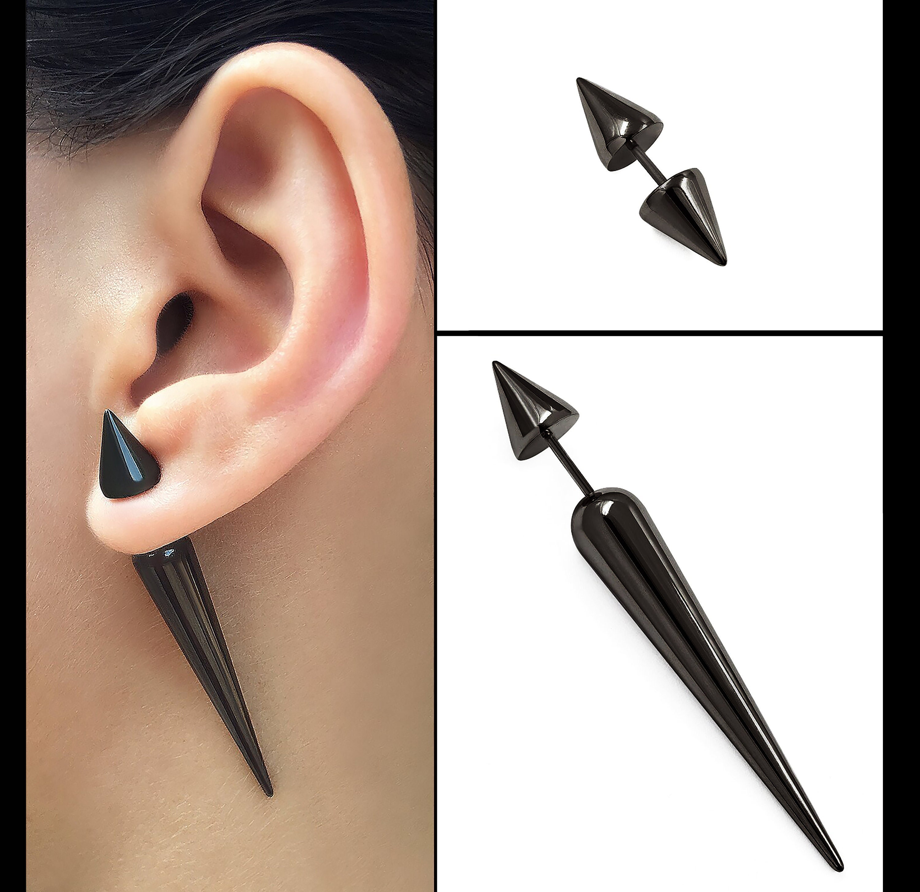 Gunmetal Fake Gauge Spike Earring. Screw Back stainless Steel Long Spike. Etsy