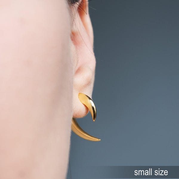 Fake Gauge Talon Horn Earrings, 925 silver / 18k gold, Claw ear jacket earrings, Tusk double spike Tribal earrings
