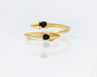 Doppelter Spike-Ring. Onyx. Sterling Silber-18k Vergoldet Stapeln Einstellbar Ring.