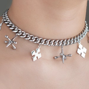 Harley Jacks and diamonds choker necklace. Stainless Steel. Silver chunky chain necklace image 1