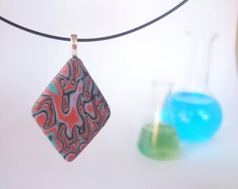 Copper, aqua and gold diamond pendant necklace_unique handmade mokume gane polymer clay jewellery