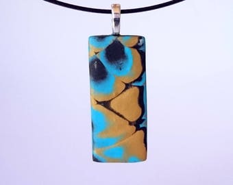 Aqua, gold and black rectangle pendant_unique handmade mokume gane polymer clay jewellery