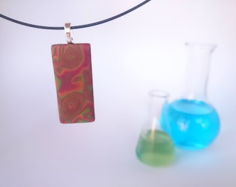 Red and orange rectangle pendant_unique handmade mokume gane polymer clay jewellery