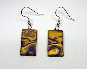 Purple, gold and green rectangle dangle earrings_unique handmade mokume gane polymer clay jewellery