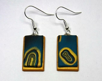 Turquoise and black rectangle dangle earrings_unique handmade mokume gane polymer clay jewellery