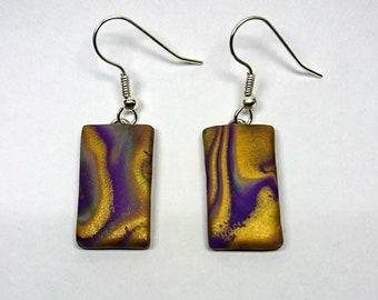 Purple, gold and green rectangle dangle earrings_unique handmade mokume gane polymer clay jewellery