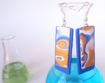 Blue, white and gold rectangle dangle earrings_unique handmade mokume gane polymer clay jewellery