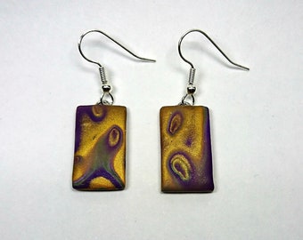 Purple, gold and green rectangle dangle earrings_unique handmade mokume gane polymer clay jewellery