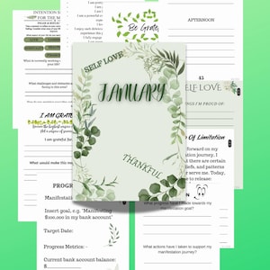 May include: A collection of white paper planner pages featuring black text and green botanical illustrations. The pages include headers such as Daily Affirmations, 369 Method, Self Love, January, and Self Love, with lined sections for writing goals, progress, and gratitude.