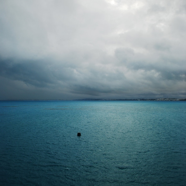 Water and Sky Photo Print. Bermuda, ocean, buoy, clouds, overcast, dramatic, lighting, colorful, seascape, wall decor, travel poster.